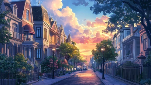 Golden hour row houses humming under cotton candy skies.