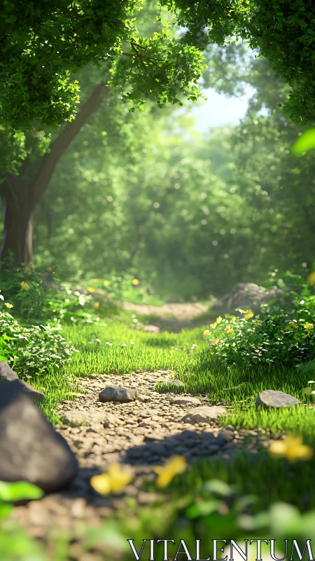 Sunlit pathway beneath canopy with selective depth of field focus.