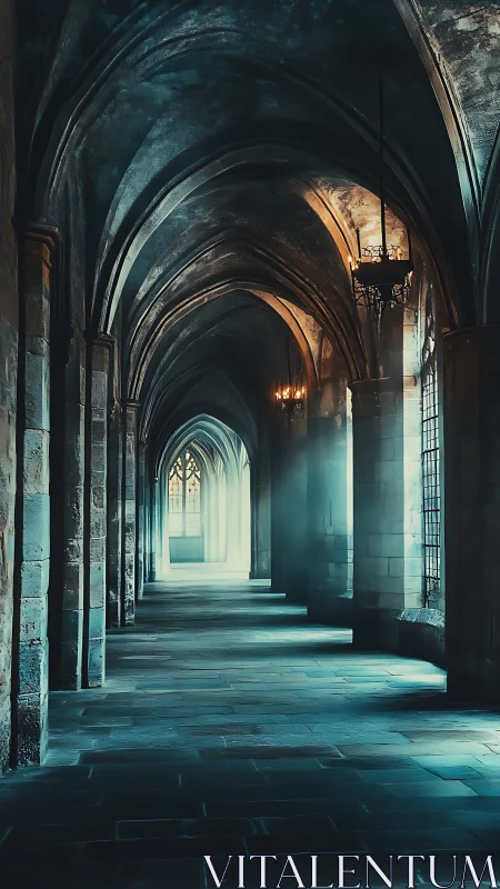 Gothic stone corridor holds cold light and distant doorway