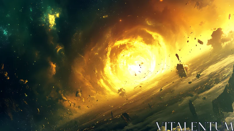 Stellar vortex consumes fragmented horizon in cinematic nebula field