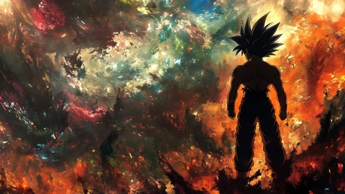 Fiery cosmic warrior stands strong within swirling light