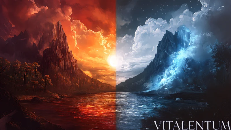 Twin elemental mountains divide a blazing and frozen sky