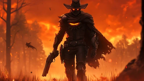 Pumpkin-eyed gunslinger strolls through a burning autumn dusk