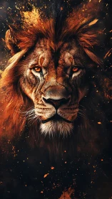Frontally lit lion portrait with fiery splatter effects