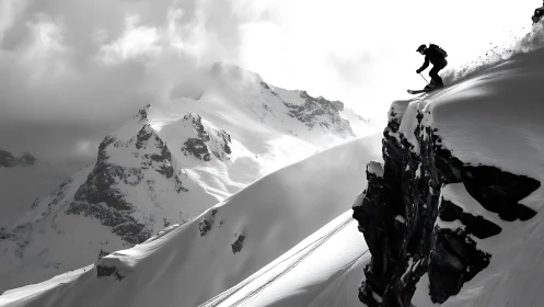 Edge-chasing skier dives from stormlit alpine cliff face.