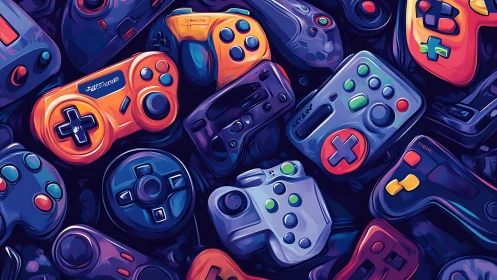 Digital painting of retro game controllers in dense chromatic array