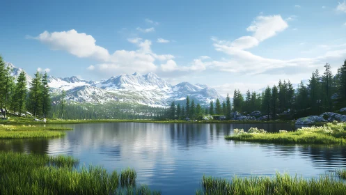 Calm mountain lake with snowy peaks and green forest.