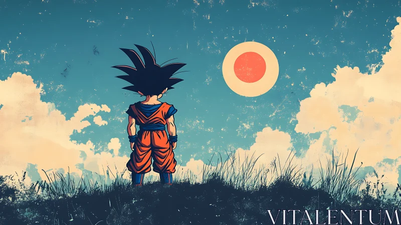 Solitary anime warrior studies stylized sun in textured sky