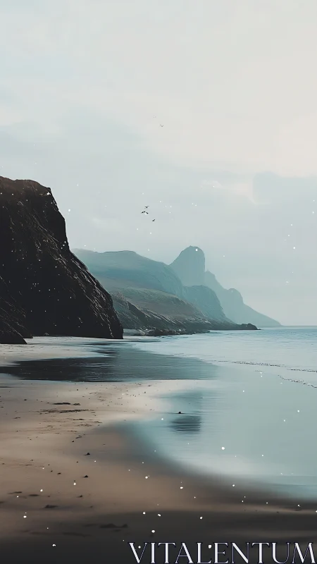 Quiet rocky coastline with misty sea cliffs at dusk.