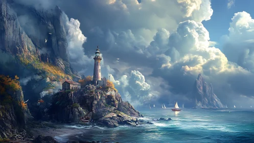 Coastal Lighthouse Structure on Rocky Promontory.