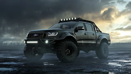 Bold off road truck waiting under a moody evening sky.