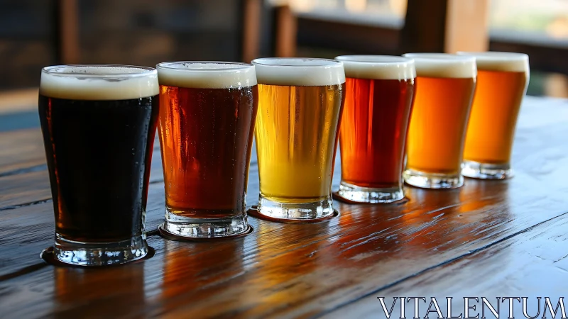 Row of assorted beer glasses aligned on wooden surface.