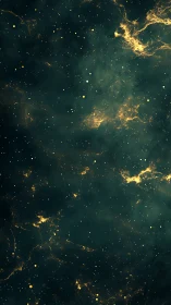 Golden nebula clouds glow softly in a deep cosmic void