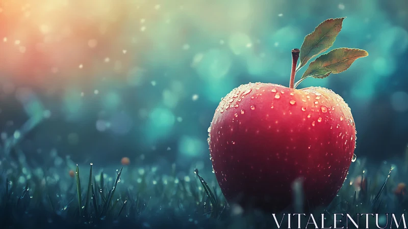 Dewlit red apple on grass with dreamy bokeh glow.