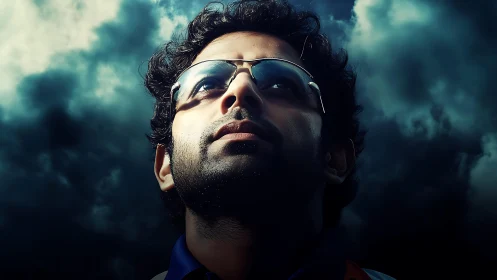 Low angle male portrait with reflective sunglasses, storm clouds
