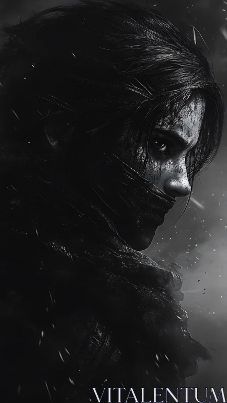 Battle-scarred rogue in stark monochrome side portrait.