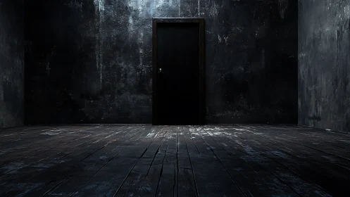 Obsidian doorway in distressed wooden chamber perspective.