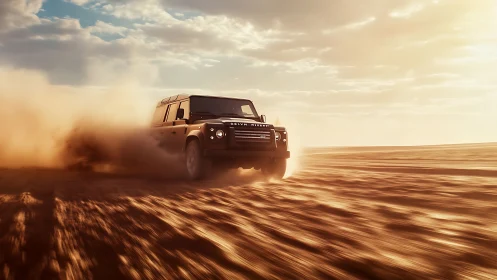 Off-road SUV crossing desert sand under warm sunset light.