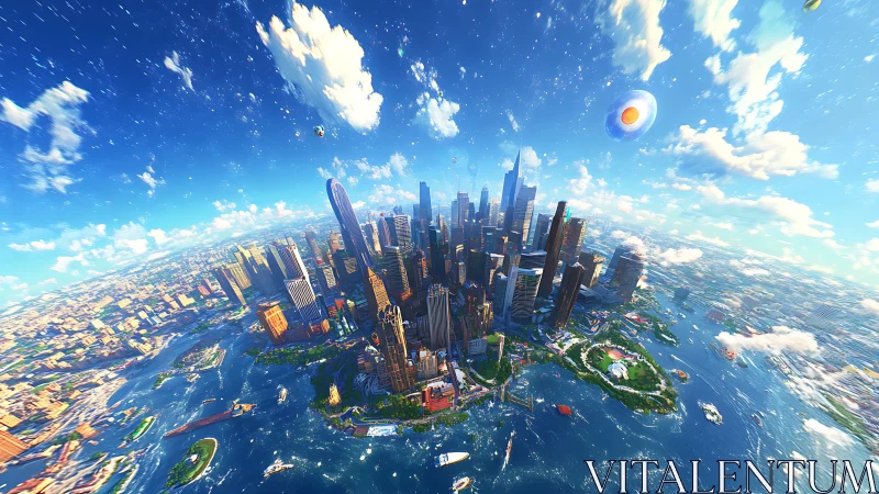 Futuristic coastal megacity curves beneath a radiant blue sky