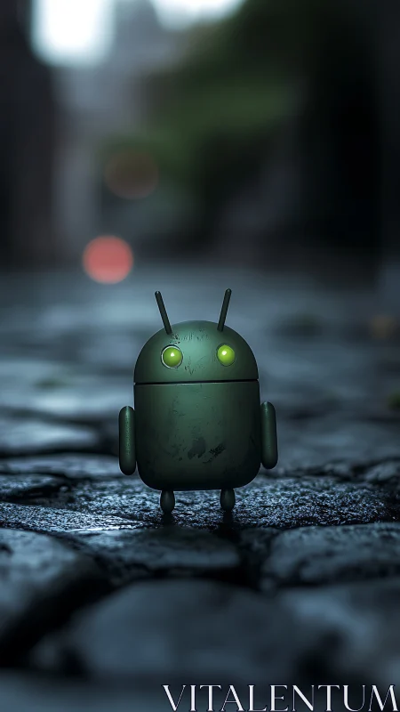 Small green robot stands on wet cobblestone street at dusk.