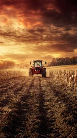 Red tractor plows harvested cornfield under dramatic sunset sky