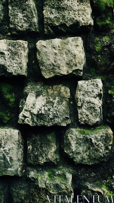 Weathered stone retaining wall with moss and surface erosion