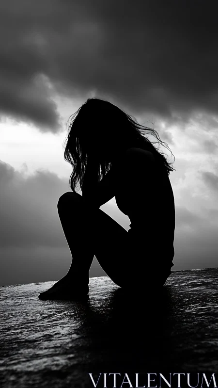 Silhouetted thinker folds into storm-softened seaside dusk