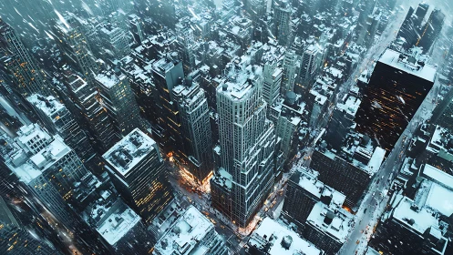 Snow-laden skyscraper canyon in luminous winter storm.