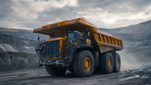 Massive mining haul truck dominates rugged open-pit landscape.