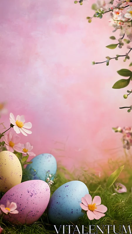 Pastel Easter eggs in grass with flowers and pink backdrop.