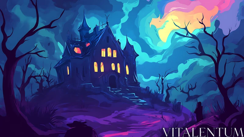 Moonlit haunted hill house glowing with playful mystery.