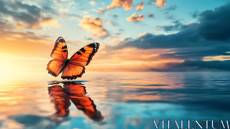 Macro sunset butterfly hovering over reflective ocean surface