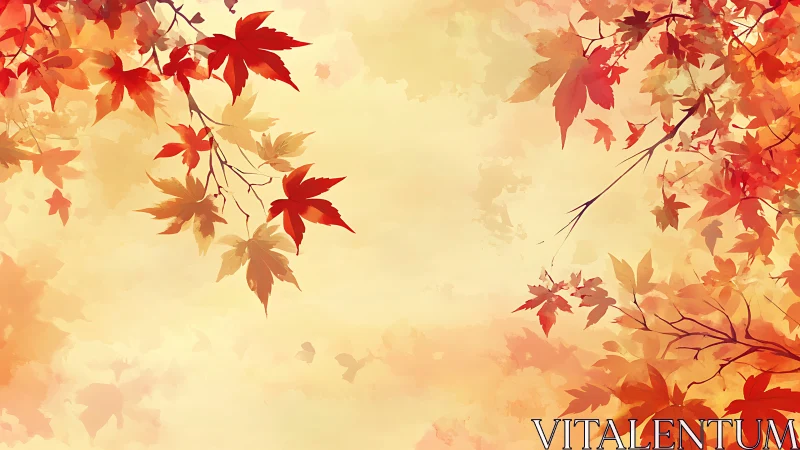 Autumn maple canopy framing soft golden sky background.