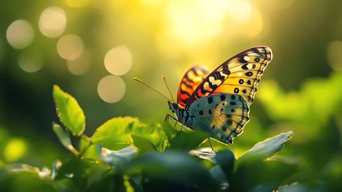 Vivid orange butterfly resting on green leaves at sunset.