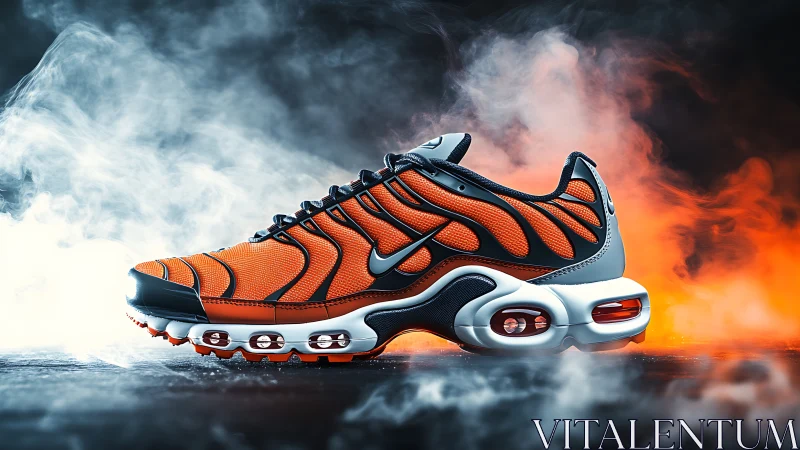 High-contrast orange air-cushioned sneaker in cinematic smoke