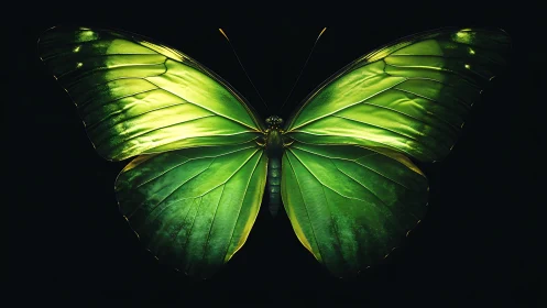 Luminous green butterfly wings glow against deep black.