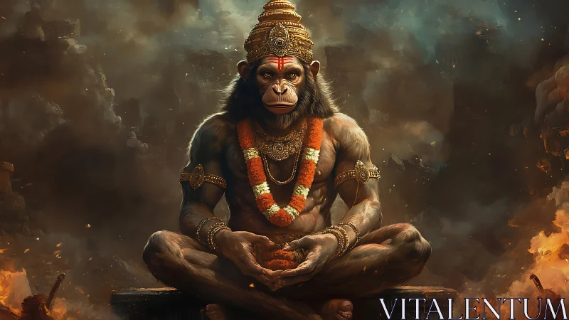 Battle-scarred monkey deity meditates in emberlit ruins.