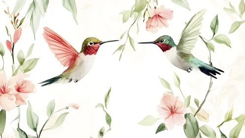 Watercolor hummingbirds among pink flowers and green leaves.