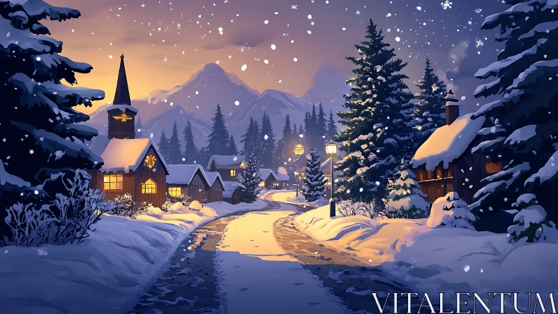 Snowy alpine village street under warm twilight glow.
