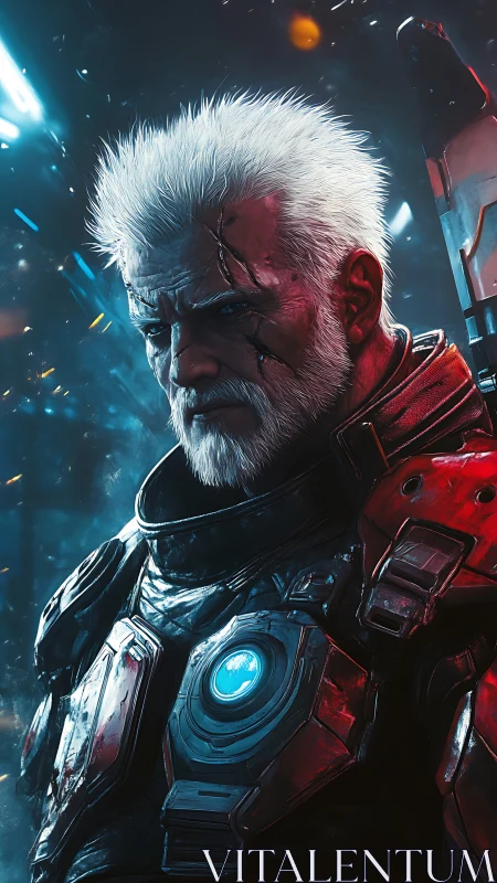 Seasoned space warrior stands strong in glowing armor