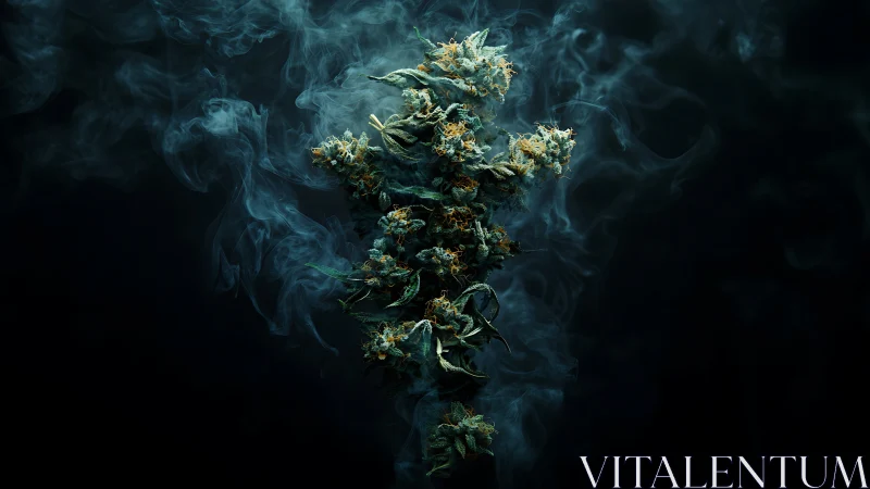 Suspended cannabis inflorescence with enveloping smoke plume.