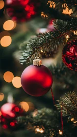 Red spherical ornament on evergreen tree branch at night.