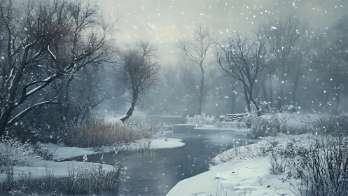 Snowy river bends through silent winter forest clearing