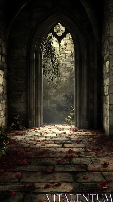 Gothic stone passageway with fallen crimson petals glow.