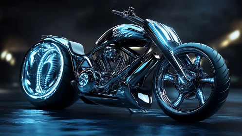 Futuristic chrome motorcycle with blue neon lighting detail.