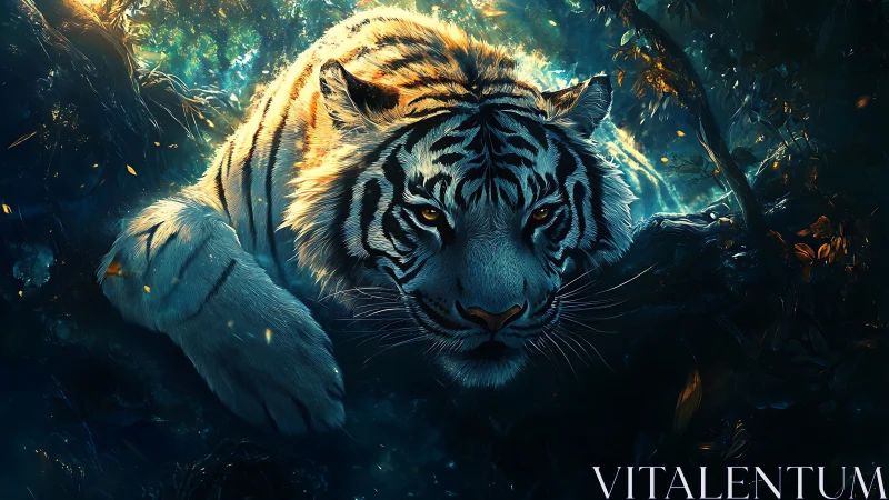White tiger prowls through glowing jungle shadows at dusk