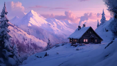 Cozy timber cabin glowing in a rosy twilight mountain hush.
