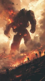 Colossal burning mech amid battlefield smoke and figures.
