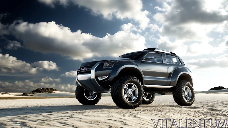 Sandstorm titan SUV prowls sunlit dunes beneath wild skies.