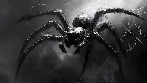 Monochrome spider looming over fractured web shadows.
